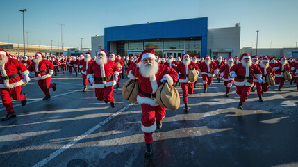 A group of people dressed as Santa Claus running in a parking lot