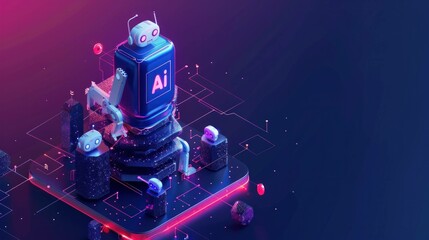 Wall Mural - futuristic ai robot sitting on a digital platform surrounded by neon lights and holographic elements