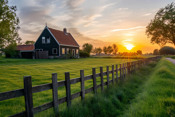 Wall Mural - A photo of the countryside at sunset, with green grass and wooden fences surrounding an old black house in the foreground