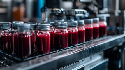 Poster - Bottles of vibrant red juice await packaging on a conveyor belt in a high-tech production facility. Advanced AI technology streamlines the juice-making process, ensuring quality and efficiency.