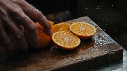 Poster - Slicing ripe oranges on a wooden cutting board creates a refreshing juice. The hands carefully cut through the fruit, releasing natural juices and vibrant colors, ideal for a healthy drink.