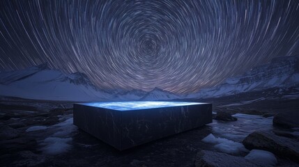 A dark, rectangular structure sits on frozen ground in front of snow-capped mountains, with a swirling star trail in the night sky above.