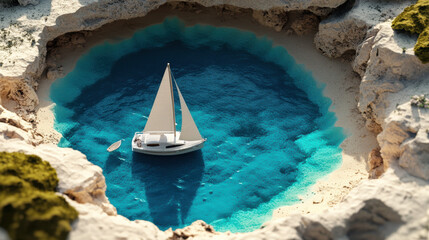 Wall Mural - A hidden cove with a turquoise lagoon and a small sailboat anchored offshore