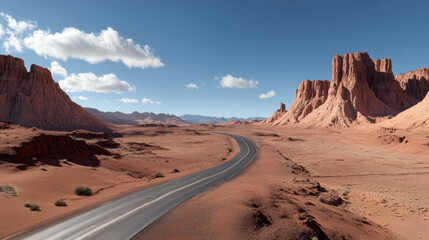 Poster - A long, winding road through the desert with towering red rock formations in the distance