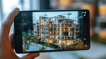 Aufkleber - A hand holds a smartphone showcasing a digital rendering of a modern residential building with illuminated balconies.