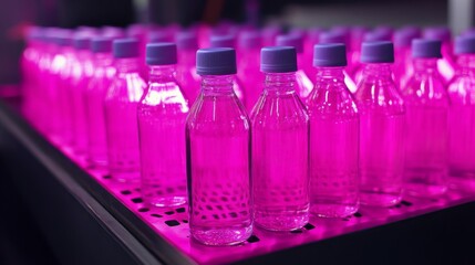 Fototapete - Bottles filled with liquid are meticulously arranged on a production line, illuminated by striking pink lights.