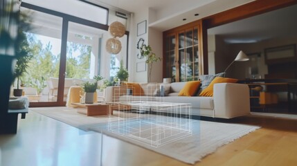 Poster - In a contemporary living room, artificial intelligence overlays a 3D model of furniture on the hardwood floor. Bright natural light from large windows illuminates the space filled with greenery.