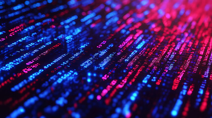Fototapete - A closeup of digital code on a screen with blue and red lines representing data flow