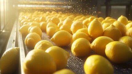 Poster - Bright yellow lemons move along a conveyor belt in a juice production facility.