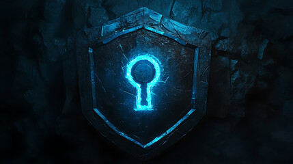 Leinwandbilder - A digital shield with keyhole icon glowing in blue light on dark background