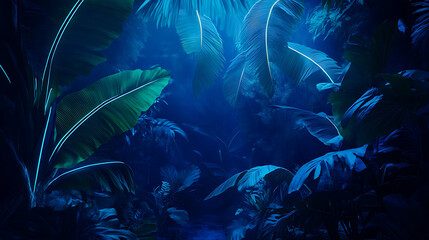 Aufkleber - Abstract dark blue light in the forest with neon outlines of banana tree leafs