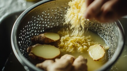 Poster - Fresh ginger roots are being grated into a colander. The vibrant juice collects below, highlighting the process of extracting natural flavors. This traditional method showcases homemade juice-making.
