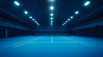 Poster - An indoor tennis arena with a blue court, illuminated for a match