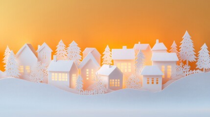 Poster - Christmas village made of intricate paper cutouts displays charming houses and trees illuminated by soft warm light against an orange backdrop. Generative AI