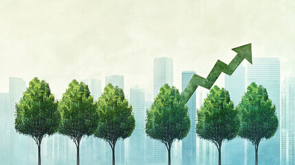 Poster - Illustration of a lush green trees aligned in a row, with a stylized arrow pointing upwards, signifying growth or success, set against the faint outline of urban skyscrapers