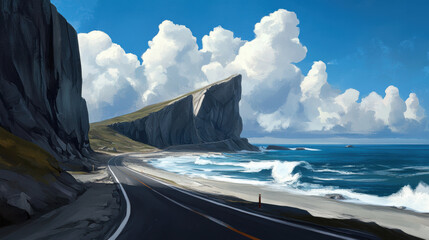 Wall Mural - A windy road along the coast, waves crashing below, cliffs towering above