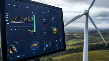 Leinwandbilder - Modern wind turbine with a detailed energy data analytics dashboard in the foreground, displaying real-time statistics and graphs for effective power production monitoring