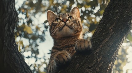 tabby cat perched on tree branch, looking up.