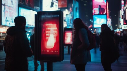 Fototapete - People engage with digital advertisements in a bustling urban setting showcasing AI applications in real estate. The vibrant lights of the city create an energetic atmosphere at night.
