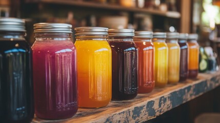 Poster - In a cozy kitchen filled with natural light, a variety of vibrant juice jars are neatly arranged on a wooden shelf.