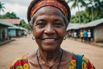 Close portrait of a smiling senior Vanuatuan woman looking at the camera, Vanuatuan city outdoors  blurred background