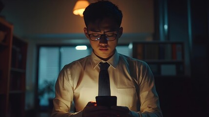 Wall Mural - Asian business man standing in office using smartphone at night case accomplished