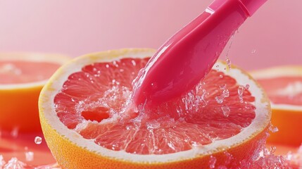 Poster - Bright grapefruit halves are splashing in water as a pink utensil is used to extract juice. The lively activity showcases a refreshing and vibrant kitchen moment during the morning.