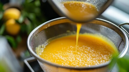Poster - In a bright kitchen setting, freshly squeezed orange juice is being strained into a bowl.