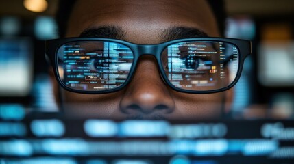 Focused Programmer:  A Close-Up of a Coder's Intense Concentration While Working Late into the Night on a Complex Project.