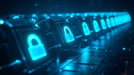 Fototapete - A row of digital padlocks lined up on a dark digital background, glowing in neon blue, symbolizing data protection