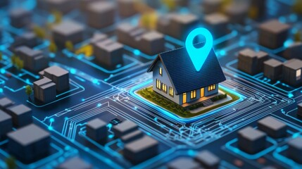 Aufkleber - A digital illustration displays a small house surrounded by a network of glowing lines, showcasing the integration of artificial intelligence in real estate.