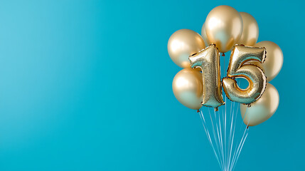 banner with number 15 golden balloon with copy space, fifteen years anniversary celebration concept 