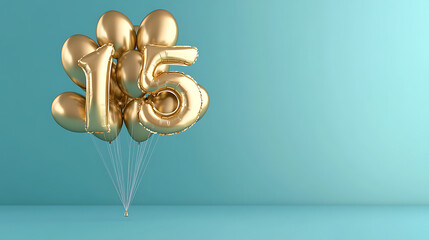Poster - Banner with number 15 golden balloon with copy space, Fifteen years anniversary celebration concept on a blue background