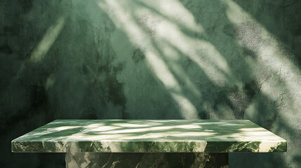 Poster - Empty marble table at foreground and cement stone at background with green light from above for product displayed in rustic mood, green backdrop, abstract background for product stand for advertising