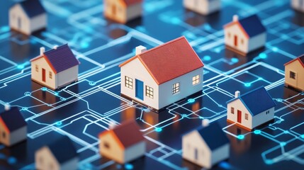 Poster - Miniature houses arranged on a digital network represent the integration of artificial intelligence in real estate. This innovative approach enhances property management and improves market analysis.