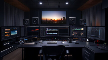 Fototapete - Video editor deeply focused on editing footage on a high-performance computer Crafting compelling visual narratives