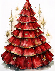 Wall Mural - A festive red feather Christmas tree adorned with gold ribbon and ornaments, adding a unique touch to the holiday decor