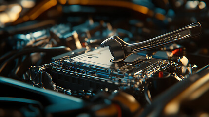 Aufkleber - The focused service of fitting a car battery with a wrench is captured, highlighting the precision in automotive maintenance