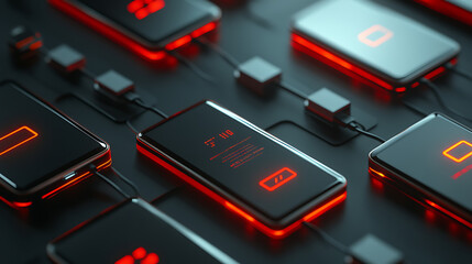 Fototapete - Smartphones with battery level indicators and a USB connection are shown, illustrating the modern necessity for constant connectivity and power