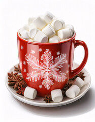 Wall Mural - A festive red mug with snowflake design filled with hot chocolate and marshmallows