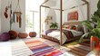 © Ziyan Yang - 3D Render of a bohemian bedroom with a canopy bed, colorful rugs, floor plan, on isolated white background