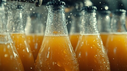 Poster - Bottles of freshly made orange juice fill a conveyor line in a busy production facility.