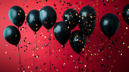 Poster - Red background with many black balloons green and gold confetti
