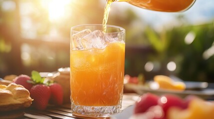 Poster - Freshly squeezed juice is being poured into a glass filled with ice on a sunny day. The setting features vibrant fruits and a natural backdrop, creating a refreshing and inviting atmosphere.