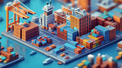 Aufkleber - Design for a cargo logistics website in isometric view, highlighting global shipping, warehouse storage, and international delivery concepts in 3D