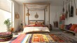 © Ziyan - 3D Render of a bohemian bedroom with a canopy bed, colorful rugs, floor plan, on isolated white background
