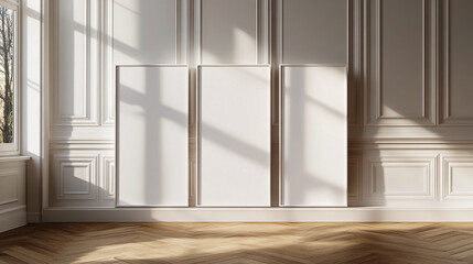 Wall Mural - Three vertical white blank wooden framed wall art mockups leaning against the wall in an empty modern room with parquet floor. realistic lighting casting shadows on empty canvas.