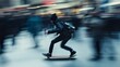 © musa - Skateboarder speeding through blurred city crowd.
