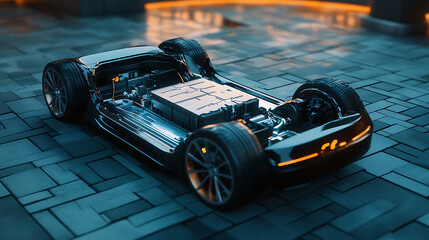Poster - An EV battery concept is closely viewed in 3D rendering, providing insight into electric vehicle power sources