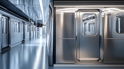 Poster - A silver subway train door is open, showcasing the exterior of an empty subway car with doors and windows visible on both sides